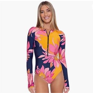 Trina Turk Breeze Zip Front Paddle Suit Navy Pink Long Sleeve One Piece Swimsuit
